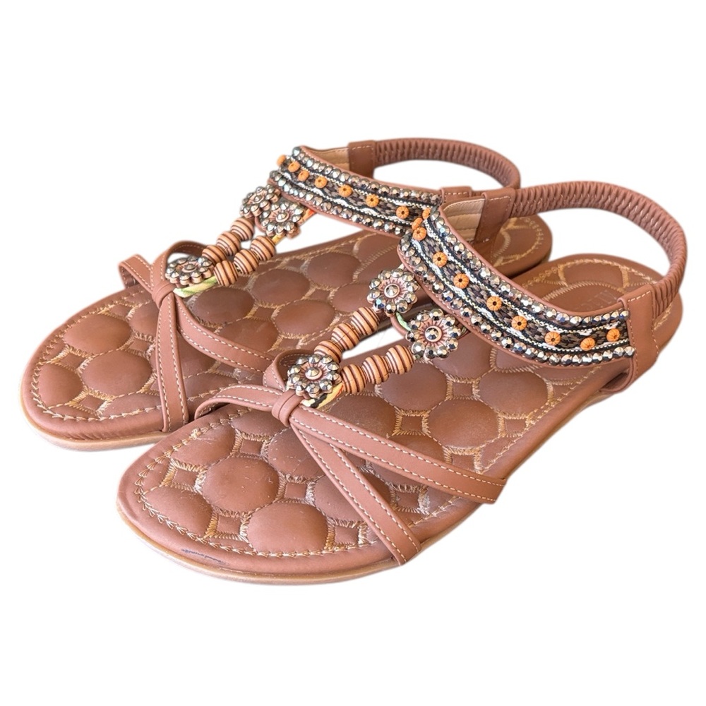 Boho Beaded Tan Sandals Size 9.5‎ / EU 42